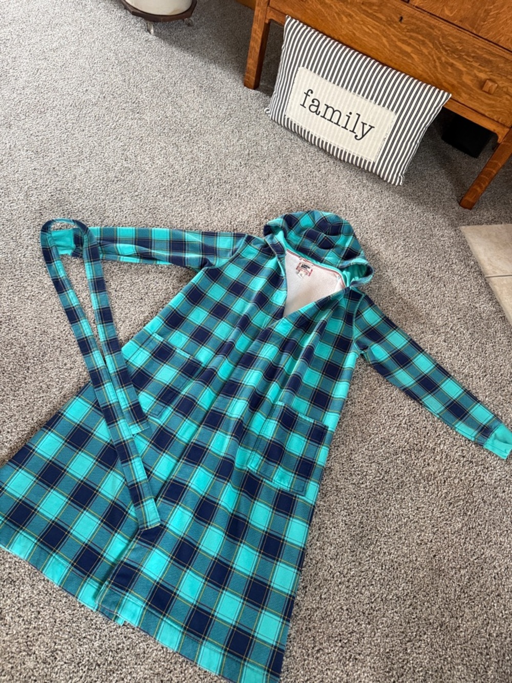 Lands' End Turquoise and Navy Hooded Plaid Sweatshirt Robe